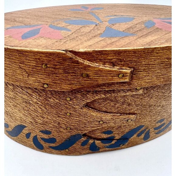 Handmade HandPainted Oval Shaker Box Floral Pink Blue Folk Art Cottagecore 7.25" - Picture 7 of 13